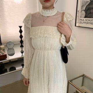 Long-sleeve Mock-neck Mesh Panel Midi A-line Dress White - One Size
