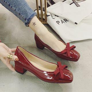 Bow-accent Block Heel Square-toe Pumps