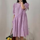 Balloon-sleeve Paneled Shirred A-line Dress