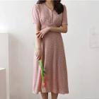 V-neck Floral Print Short-sleeve Midi A-line Dress
