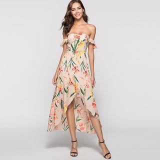 Flower Print Off-shoulder A-line Dip-back Dress