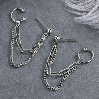 Stud Earring With Chain Ear Cuff 1 Pair - Earrings & Clip On Earring - Chain - Silver - One Size