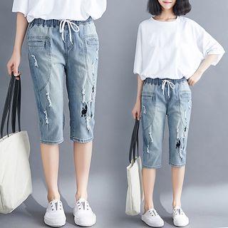 Distressed Cropped Drawstring Jeans