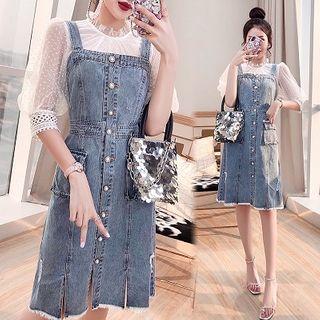 Set: Puff-sleeve Blouse + Denim Jumper Dress
