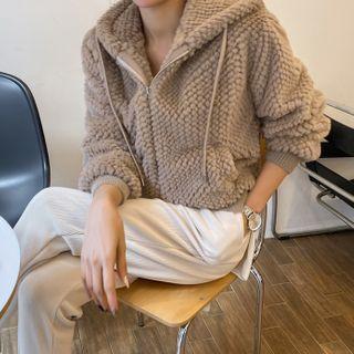 Zip-up Eco-fur Hoodie Beige - One Size
