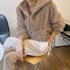 Zip-up Eco-fur Hoodie Beige - One Size