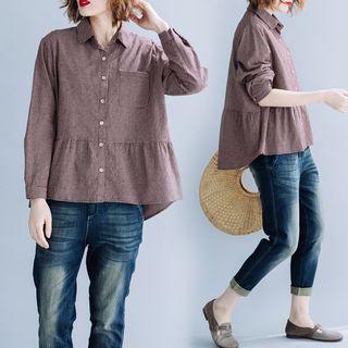 Plaid Long-sleeve Cropped Shirt Red - F