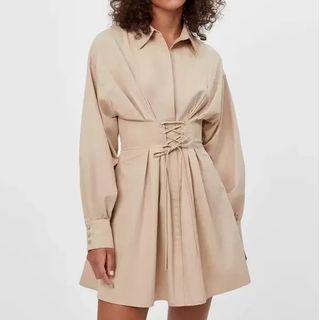 Long-sleeve Lace Up Mini Shirtdress