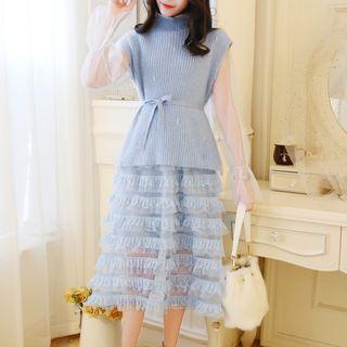 Set: Turtleneck Sweater + Long-sleeve Tiered Midi Dress