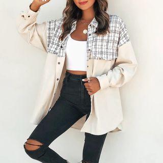 Corduroy Long-sleeve Plaid Panel Shirt Jacket