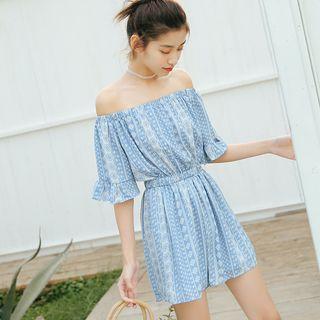 Elbow-sleeve Off Shoulder Patterned Playsuit