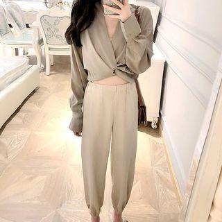 Long-sleeve Knot-front Top / Cropped Baggy Pants