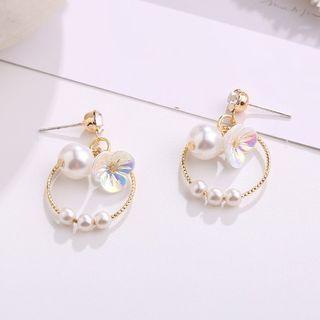 Faux Pearl Flower Hoop Drop Earring