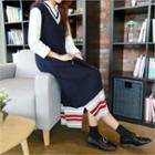 V-neck Sleeveless Contrast-trim Cable-knit Long Dress