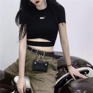 Short-sleeve Letter Cutout Cropped T-shirt