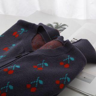 Cherry Print Cardigan Navy Blue - One Size