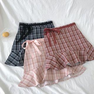 Color-block Ruffled-trim Plaid Lace-up Skirt