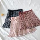 Color-block Ruffled-trim Plaid Lace-up Skirt