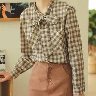 Plaid Tie-neck Shirt Coffee - One Size