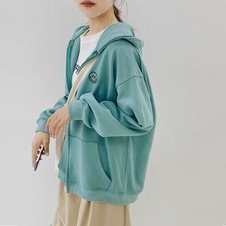 Smiley Face Embroidered Zip Hoodie Green - One Size