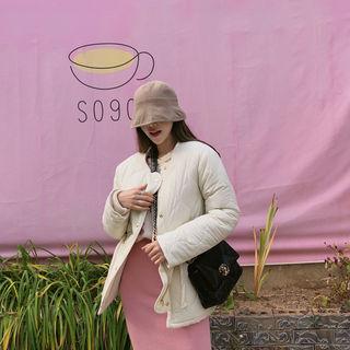 Drawstring-waist Fleece-lined Padded Jacket Ivory - One Size