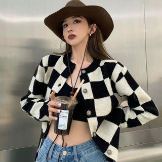 Checkerboard Pattern Cardigan Checkerboard - Black & White - One Size