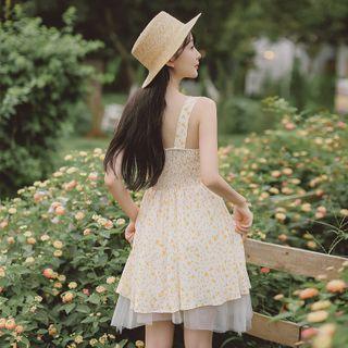 Wide Strap Floral Print A-line Layered Dress