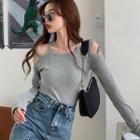 Long-sleeve Cold Shoulder Knit Top As Shown In Figure - One Size