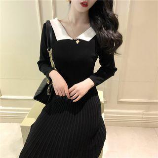 Contrast Collar A-line Midi Knit Dress Black - One Size