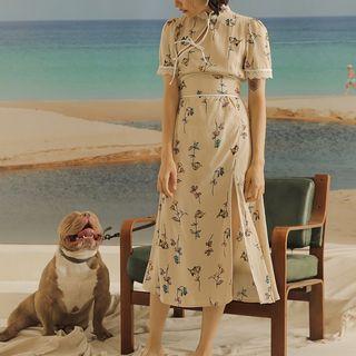Short-sleeve Floral Printed Midi A-line Qipao