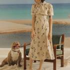 Short-sleeve Floral Printed Midi A-line Qipao