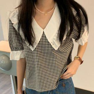 Short-sleeve Peter Pan Collar Plaid Lace Trim Shirt