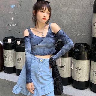 Long-sleeve Cold Shoulder Tie-dye Crop Top / Denim A-line Mini Skirt