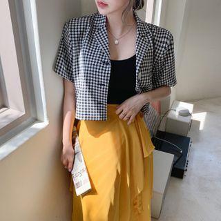 Short-sleeve Checked Cropped Blazer Black - One Size