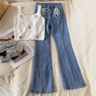 Lace-up Bootcut Jeans / Floral Embroidered Camisole Top