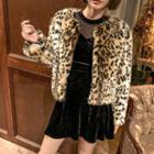 Collarless Faux-fur Leopard Jacket Beige - One Size
