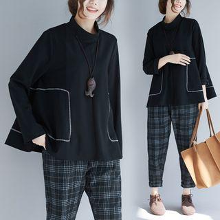Plain Semi High-neck Long-sleeve T Shirt