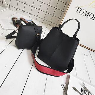 Set: Contrast Strap Faux Leather Bucket Bag + Shoulder Bag