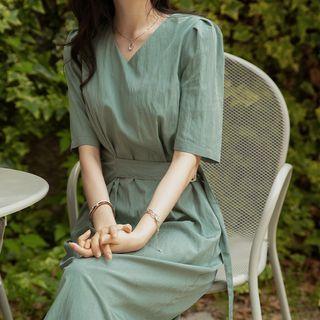 [v Lyou] Belted Puff-sleeve Long Dress
