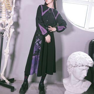 Long-sleeve Sailor Collar Shirt / A-line Print Midi Skirt