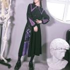 Long-sleeve Sailor Collar Shirt / A-line Print Midi Skirt