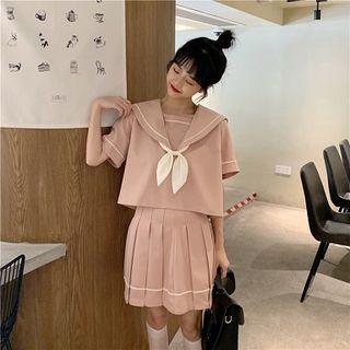 Contrast Trim Sailor Collar Short-sleeve Blouse / Pleated Skirt