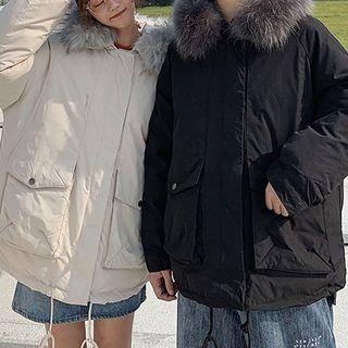 Furry Trim Drawstring Hem Hooded Padded Jacket