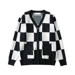V-neck Checkerboard Cardigan Black - One Size