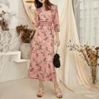 Floral Print 3/4-sleeve Midi Wrap Dress