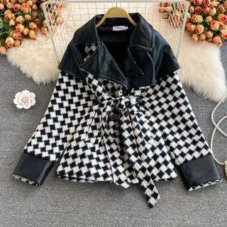 Faux Leather Panel Argyle Woolen Coat