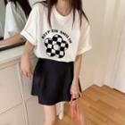 Elbow-sleeve Flower Print T-shirt / Mini A-line Skirt