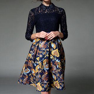 Lace Panel Printed Long-sleeve Dress