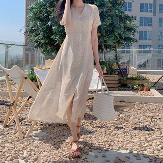 [cle.] Buttoned Floral Chiffon Long Dress Beige & Orange - One Size