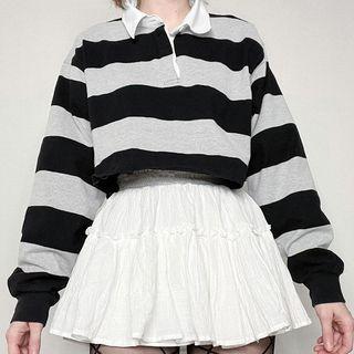 Long Sleeve Striped Collar Loose-fit Polo Sweatshirt